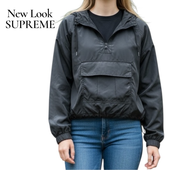 Supreme Jackets & Blazers - New Look Supreme Black Cropped Windbreaker Hoodie Medium Zip Front Pocket